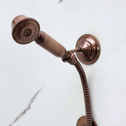 Antique Copper Shower System with Flat Round Rain Adjustable Shower Head, Handheld Shower Head, Central Copper Plaque, Tub Filler and Cross Handles