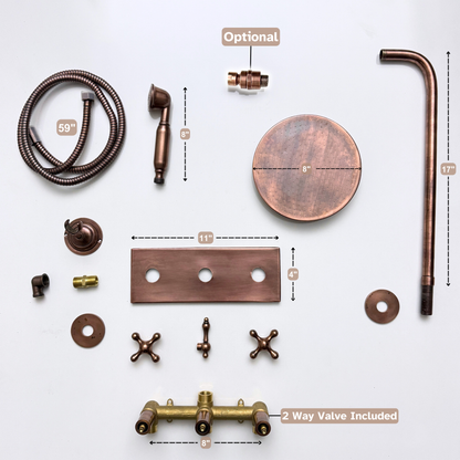 Antique Copper Shower System with Flat Round Rain Adjustable Shower Head, Handheld Shower Head, Central Copper Plaque and Cross Handles