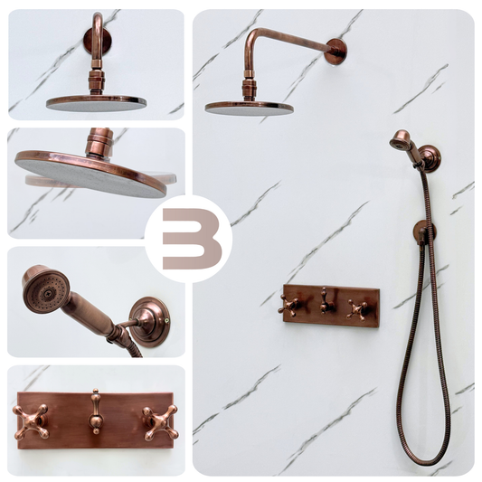 Antique Copper Shower System with Flat Round Rain Adjustable Shower Head, Handheld Shower Head, Central Copper Plaque and Cross Handles