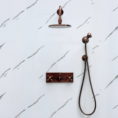 Antique Copper Shower System with Flat Round Rain Adjustable Shower Head, Handheld Shower Head, Central Copper Plaque and Cross Handles