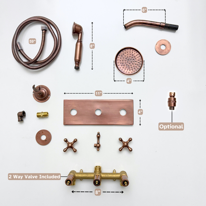 Antique Copper Shower System with Round Rain Adjustable Shower Head, Handheld Shower Head, Central Copper Plaque and Cross Handles