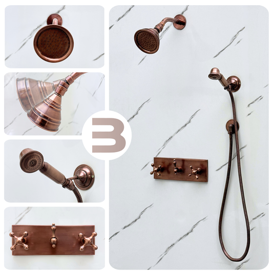 Antique Copper Shower System with Round Rain Adjustable Shower Head, Handheld Shower Head, Central Copper Plaque and Cross Handles