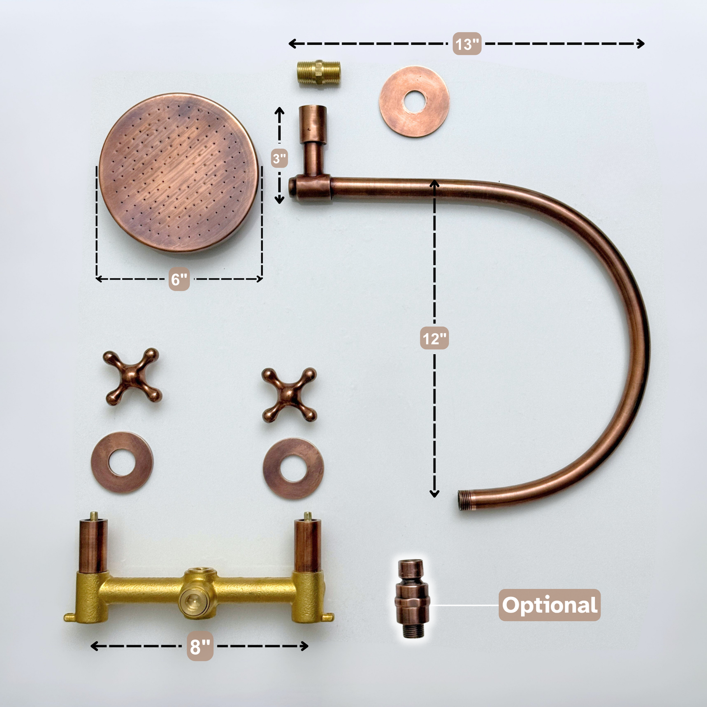 Antique Copper Shower System with Flat Round Rain Shower Head, Arcuate Arm and Cross Handles