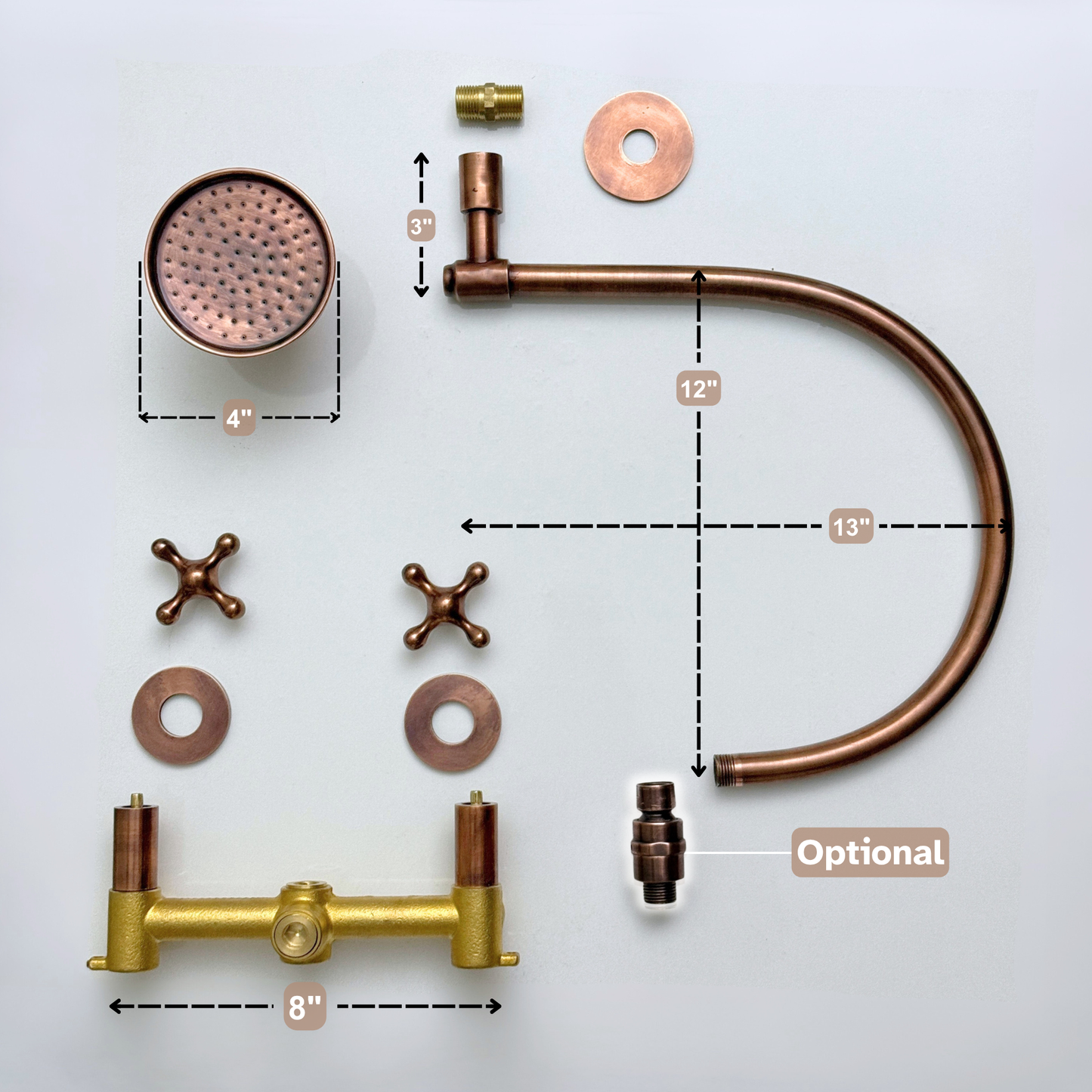 Antique Copper Shower System with Round Rain Shower Head, Arcuate Arm and Cross Handles