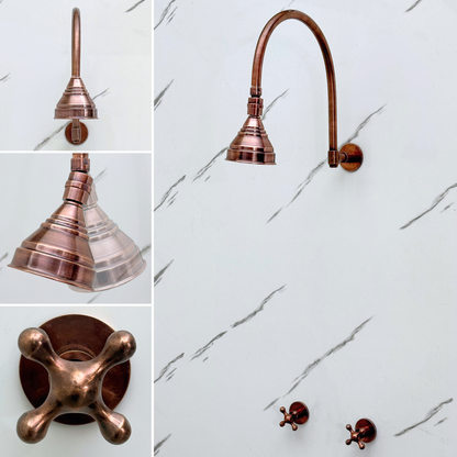 Antique Copper Shower System with Round Rain Shower Head, Arcuate Arm and Cross Handles