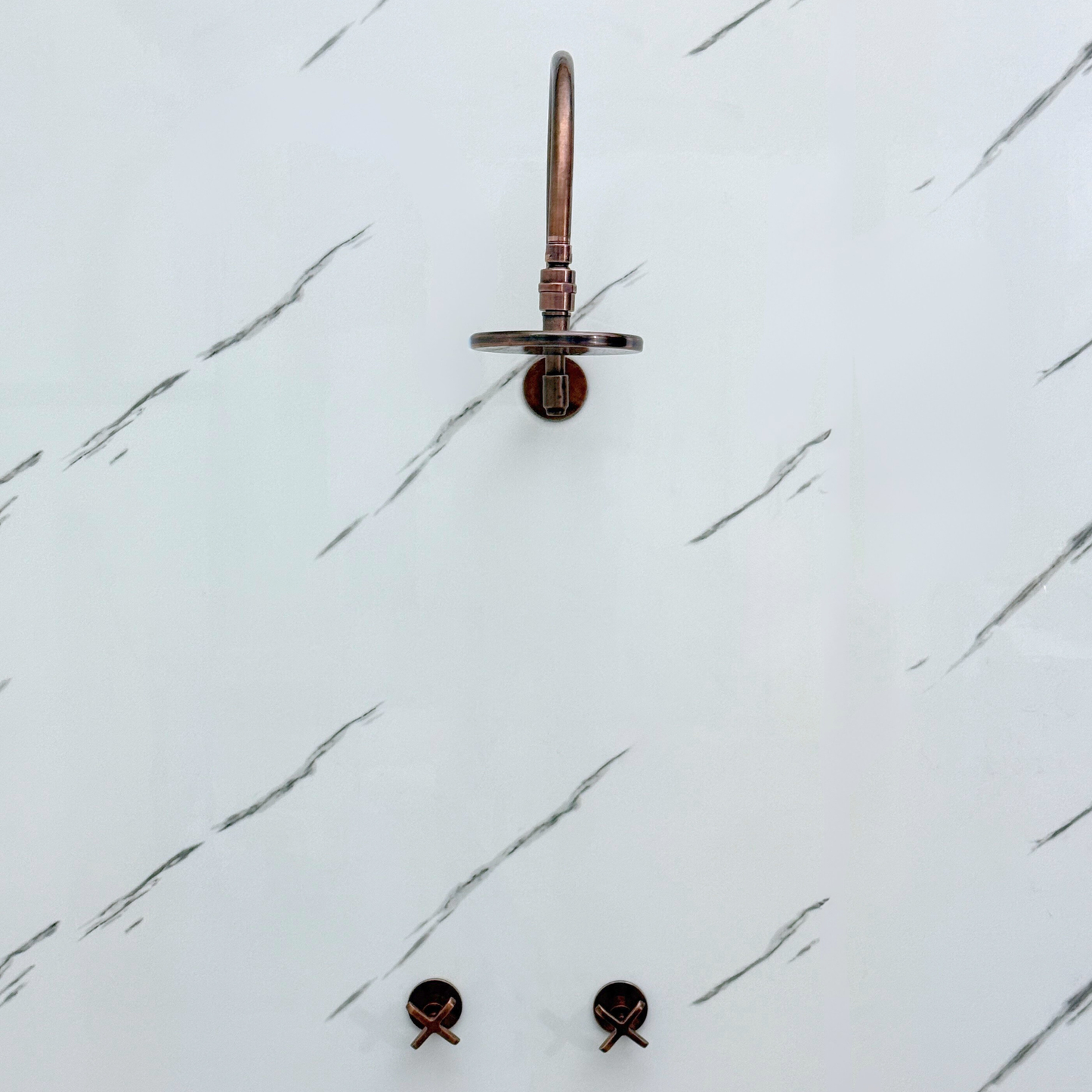 Antique Copper Shower System with Flat Round Rain Shower Head, Arcuate Arm and Cross Handles