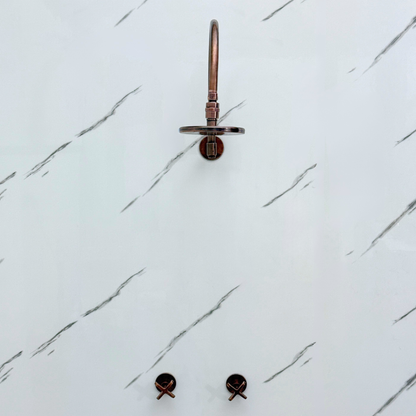 Antique Copper Shower System with Flat Round Rain Shower Head, Arcuate Arm and Cross Handles