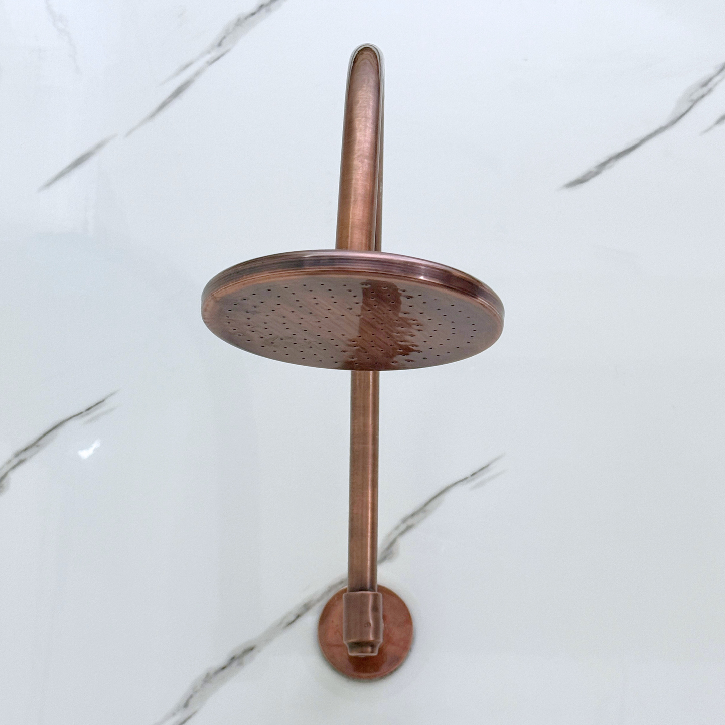 Antique Copper Shower System with Flat Round Rain Shower Head, Arcuate Arm and Cross Handles