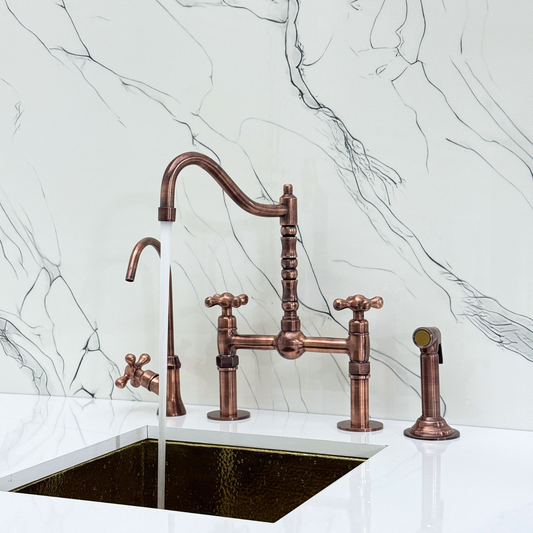 Antique Copper Victorian Bridge Faucet with Sprayer, Cold Water Faucet, Straight Legs and Cross Handles