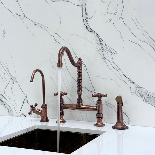 Antique Copper Bridge Victorian Kitchen Faucet with Sprayer, Drinking Water Tap and Cross Handles