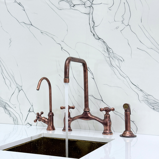 Antique Copper Vintage Bridge Kitchen Faucet with Sprayer, Drinking Water Tap and Cross Handles