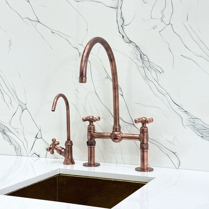Antique Copper Bridge Faucet with Sprayer, Cold Water Faucet, Straight Legs and Cross Handles