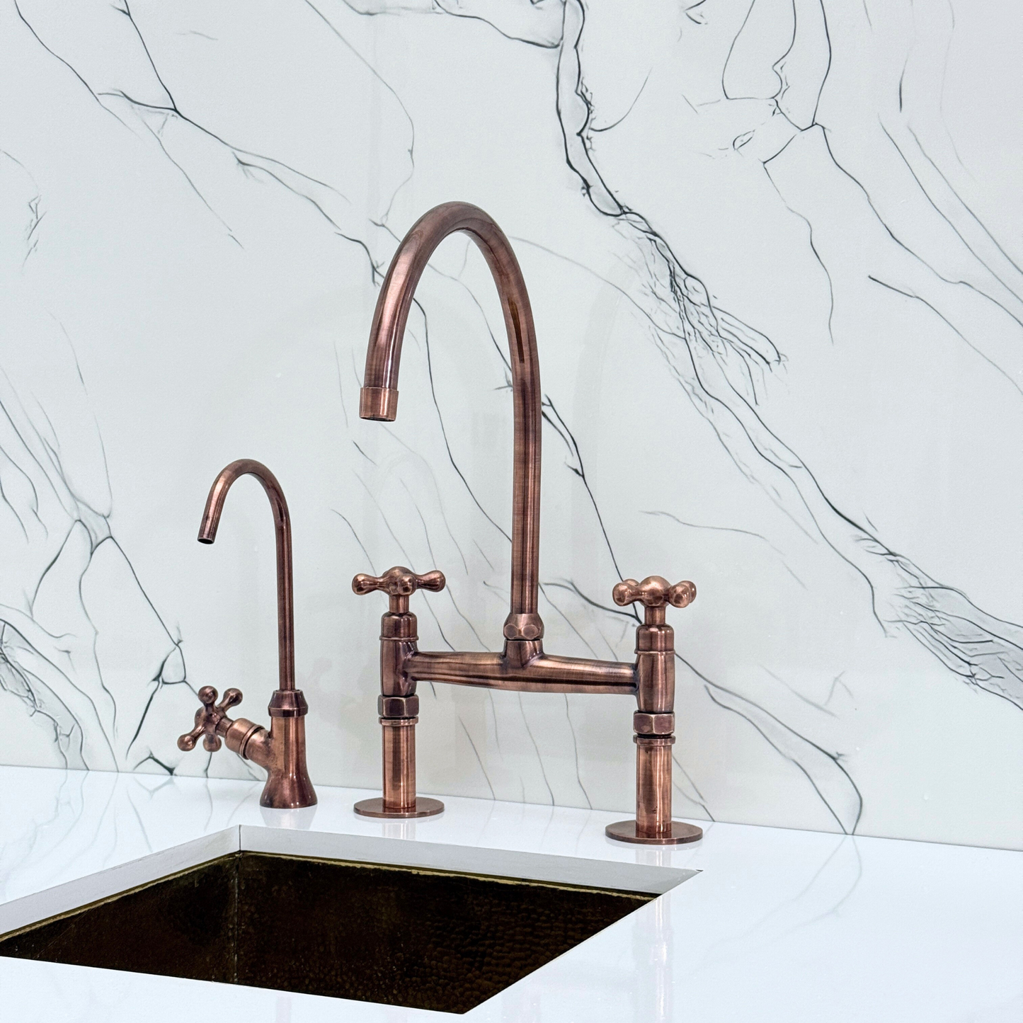 Antique Copper Bridge Faucet with Sprayer, Drinking Water Tap and Cross Handles