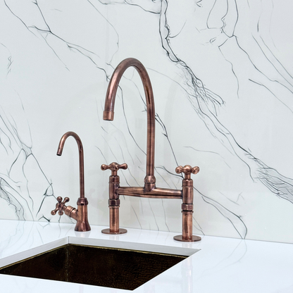 Antique Copper Bridge Faucet with Sprayer, Drinking Water Tap and Cross Handles