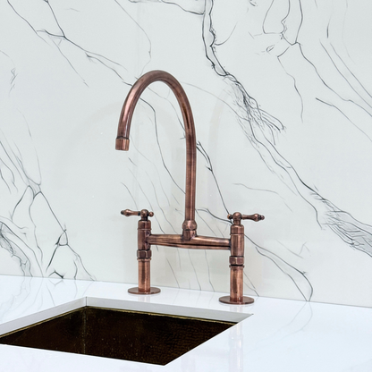 Antique Copper Bridge Faucet with Sprayer, Drinking Water Tap and Lever Handles
