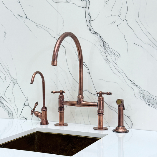 Antique Copper Bridge Faucet with Sprayer, Drinking Water Tap and Lever Handles