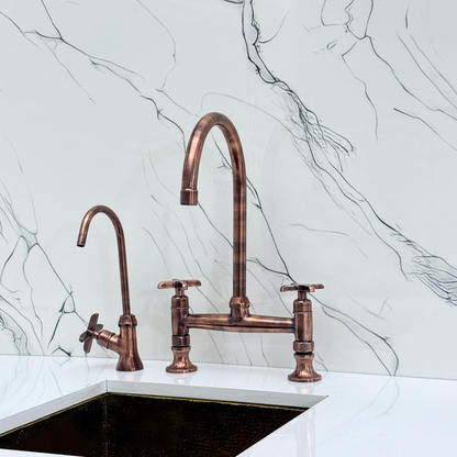 Antique Copper Bridge Kitchen Faucet with Cold Water Faucet, Sprayer, and Cross Handles