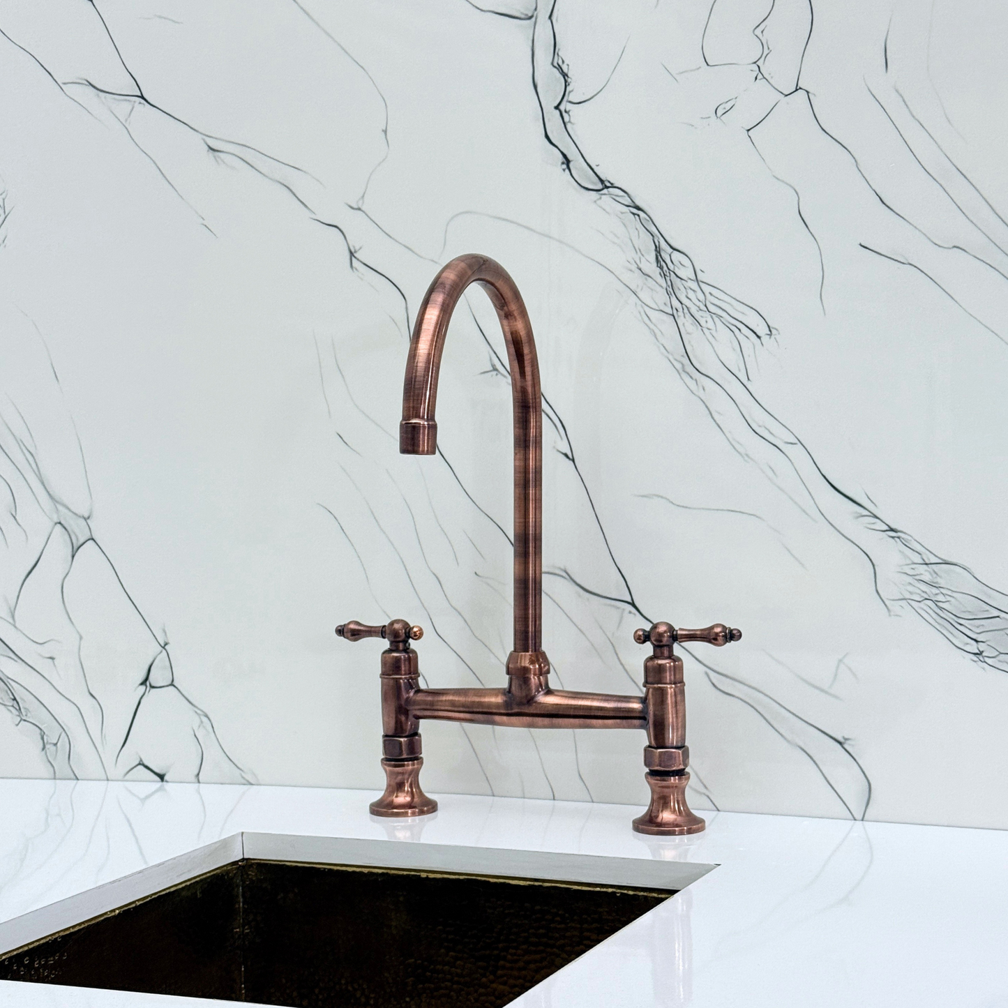 Antique Copper Bridge Kitchen Faucet with Cold Water Faucet, Sprayer, and Lever Handles