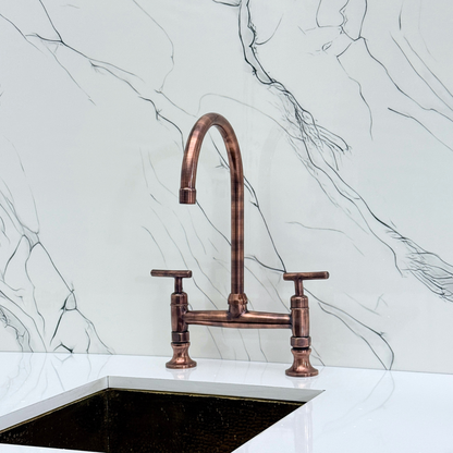 Antique Copper Bridge Kitchen Faucet with Cold Water Faucet, Sprayer, and Lever Handles