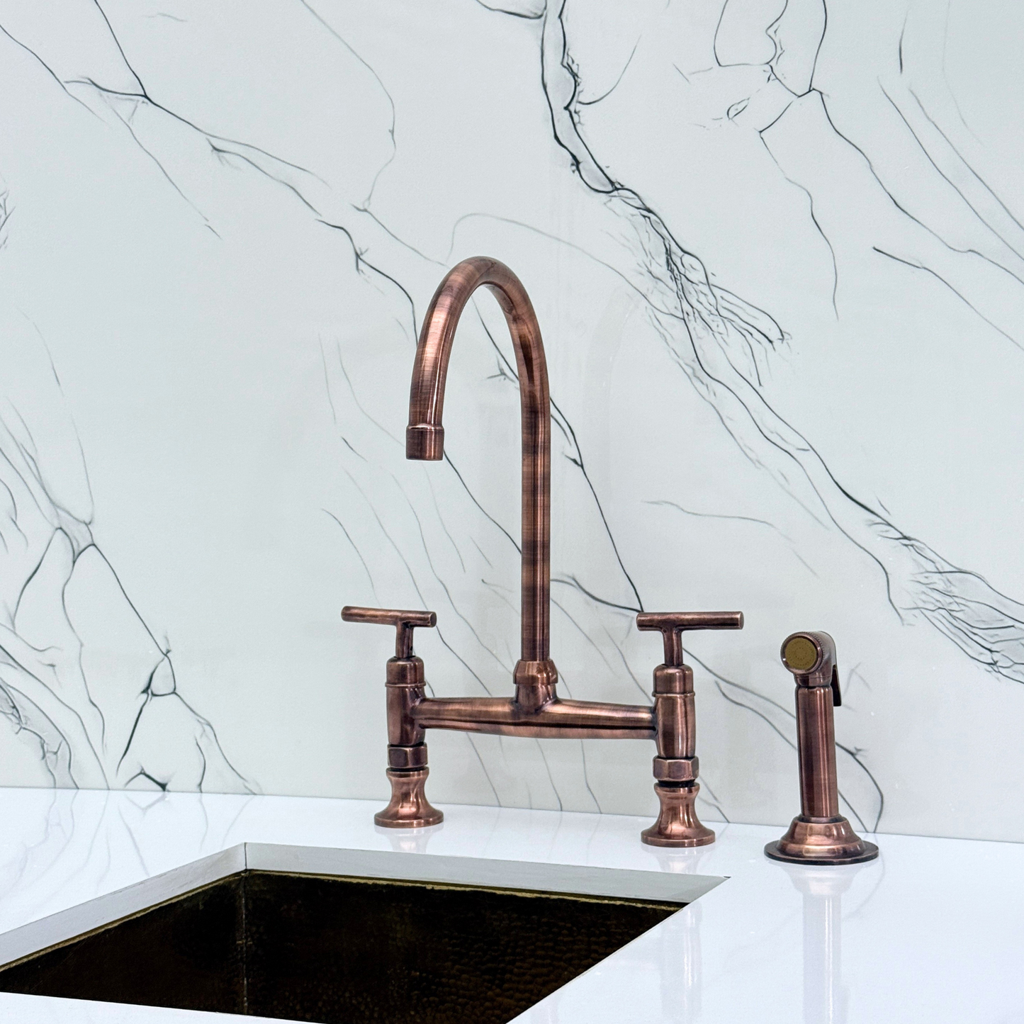 Antique Copper Bridge Kitchen Faucet with Cold Water Faucet, Sprayer, and Lever Handles
