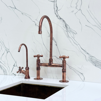 Antique Copper Kitchen Bridge Faucet with Sprayer, Cold Water Faucet and Cross Handles