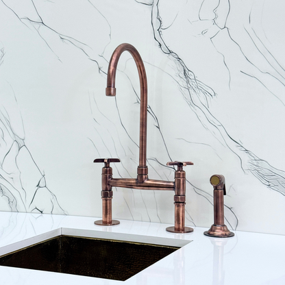 Antique Copper Kitchen Bridge Faucet with Sprayer, Cold Water Faucet and Cross Handles