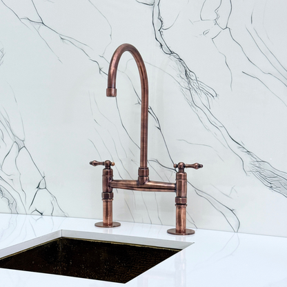 Antique Copper Kitchen Bridge Faucet with Sprayer, Cold Water Faucet and Lever Handles