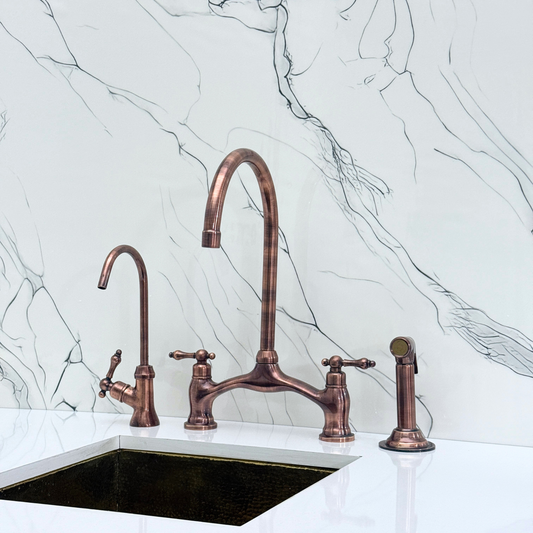 Antique Copper Kitchen Bridge Faucet with Drinking Water Tap, Sprayer, and Lever Handles