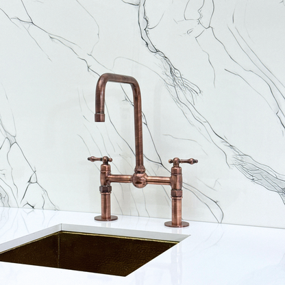 Antique Copper Classic Bridge Faucet with Ball Center, Straight Legs, Sprayer, Cold Water Faucet and Lever Handles