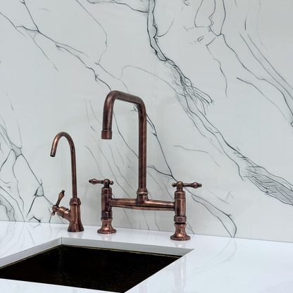 Antique Copper Classic Kitchen Bridge Faucet with Sprayer, Cold Water Faucet and Lever Handles
