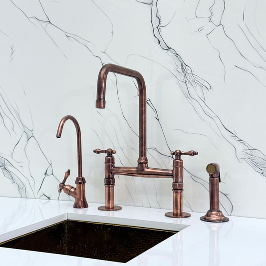 Antique Copper Classic Bridge Faucet with Sprayer, Cold Water Faucet and Lever Handles