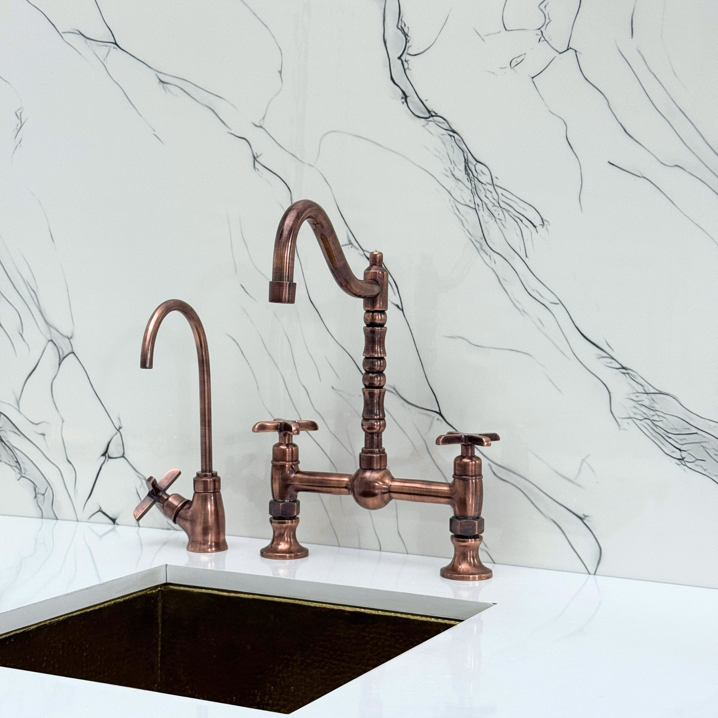Antique Copper Victorian Bridge Faucet with Ball Center, Sprayer, Cold Water Faucet, and Cross Handles