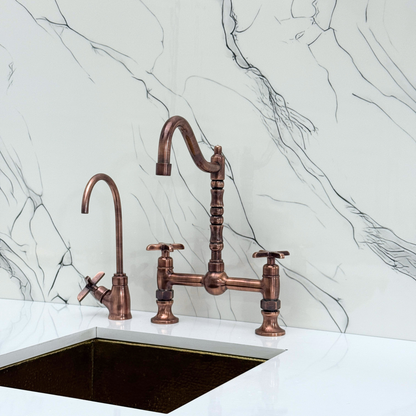 Antique Copper Victorian Bridge Faucet with Ball Center, Sprayer, Cold Water Faucet, and Cross Handles
