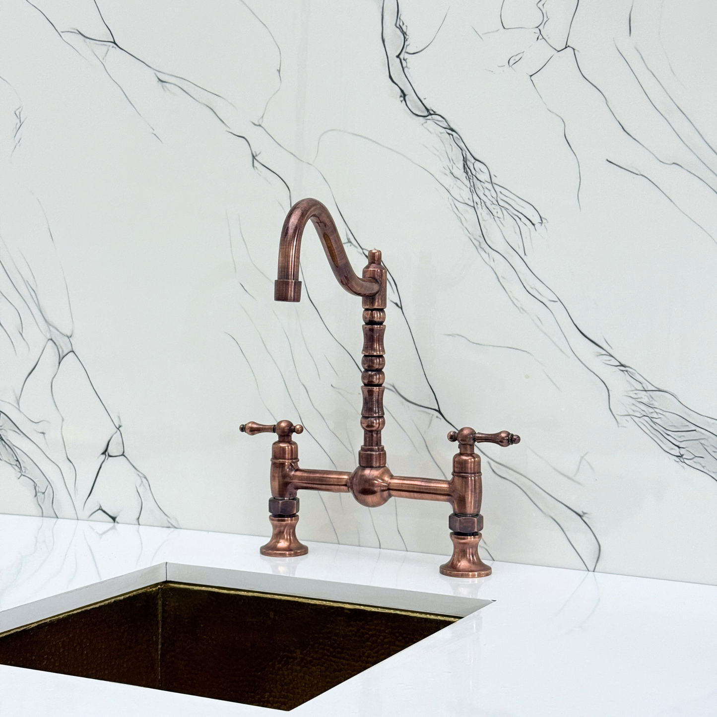 Antique Copper Victorian Bridge Faucet with Ball Center, Sprayer, Cold Water Faucet, and Lever Handles