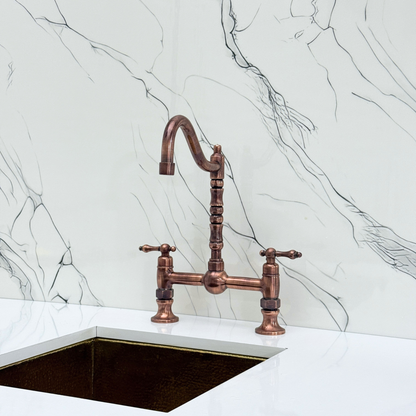 Antique Copper Victorian Bridge Faucet with Ball Center, Sprayer, Cold Water Faucet, and Lever Handles