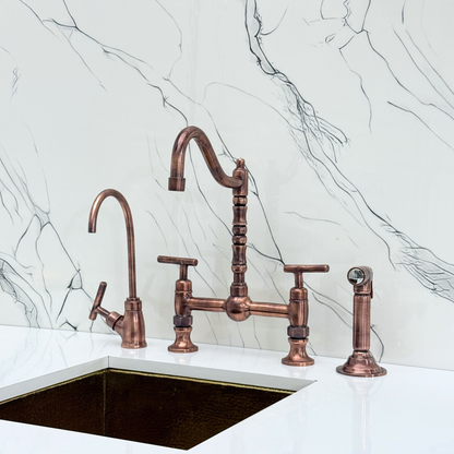 Antique Copper Victorian Bridge Faucet with Ball Center, Sprayer, Cold Water Faucet, and Lever Handles