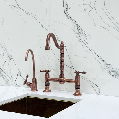 Antique Copper Victorian Bridge Faucet with Ball Center, Sprayer, Cold Water Faucet, and Lever Handles