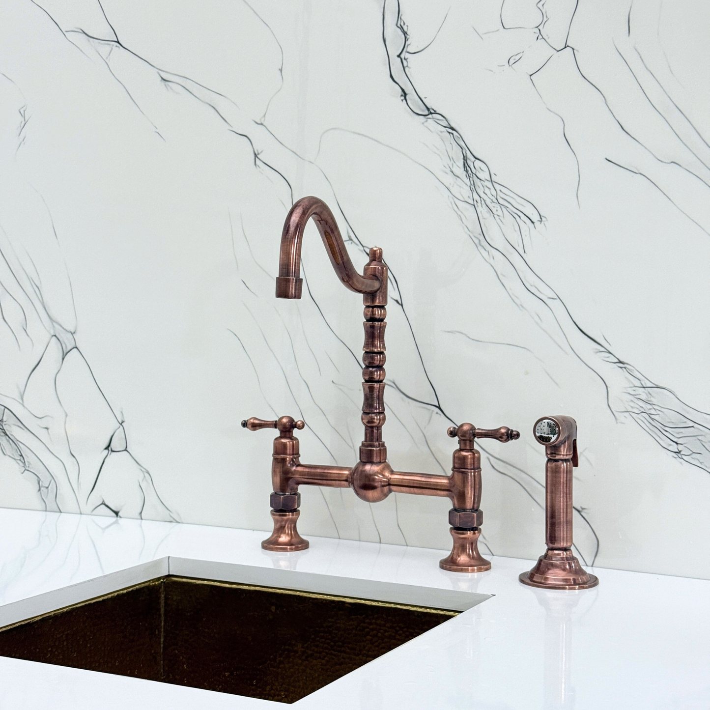 Antique Copper Victorian Bridge Faucet with Ball Center, Sprayer, Cold Water Faucet, and Lever Handles
