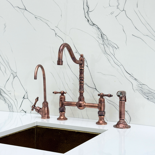 Antique Copper Victorian Bridge Faucet with Ball Center, Sprayer, Cold Water Faucet, and Lever Handles