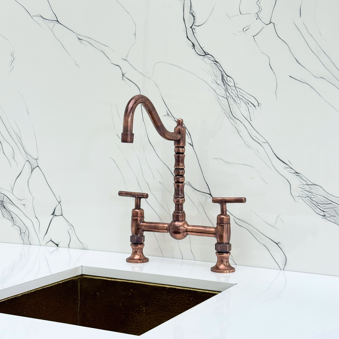 Antique Copper Victorian Bridge Faucet with Ball Center, Sprayer, Cold Water Faucet, and Lever Handles