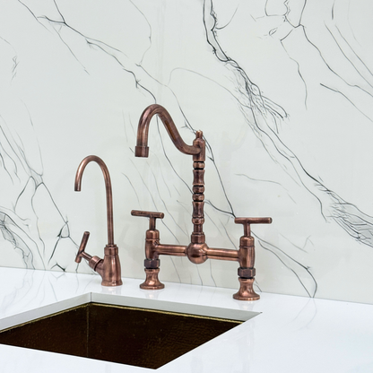 Antique Copper Victorian Bridge Faucet with Ball Center, Sprayer, Cold Water Faucet, and Lever Handles