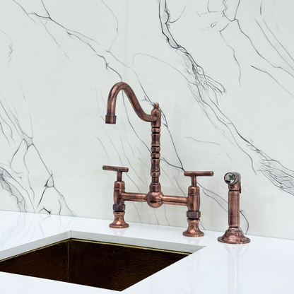 Antique Copper Victorian Bridge Faucet with Ball Center, Sprayer, Cold Water Faucet, and Lever Handles