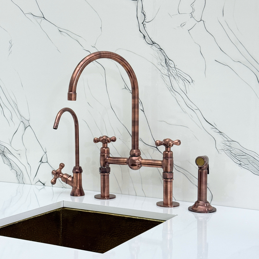 Antique Copper Kitchen Bridge Faucet with Ball Center, Sprayer, Cold Water Faucet, Straight Legs and Cross Handles