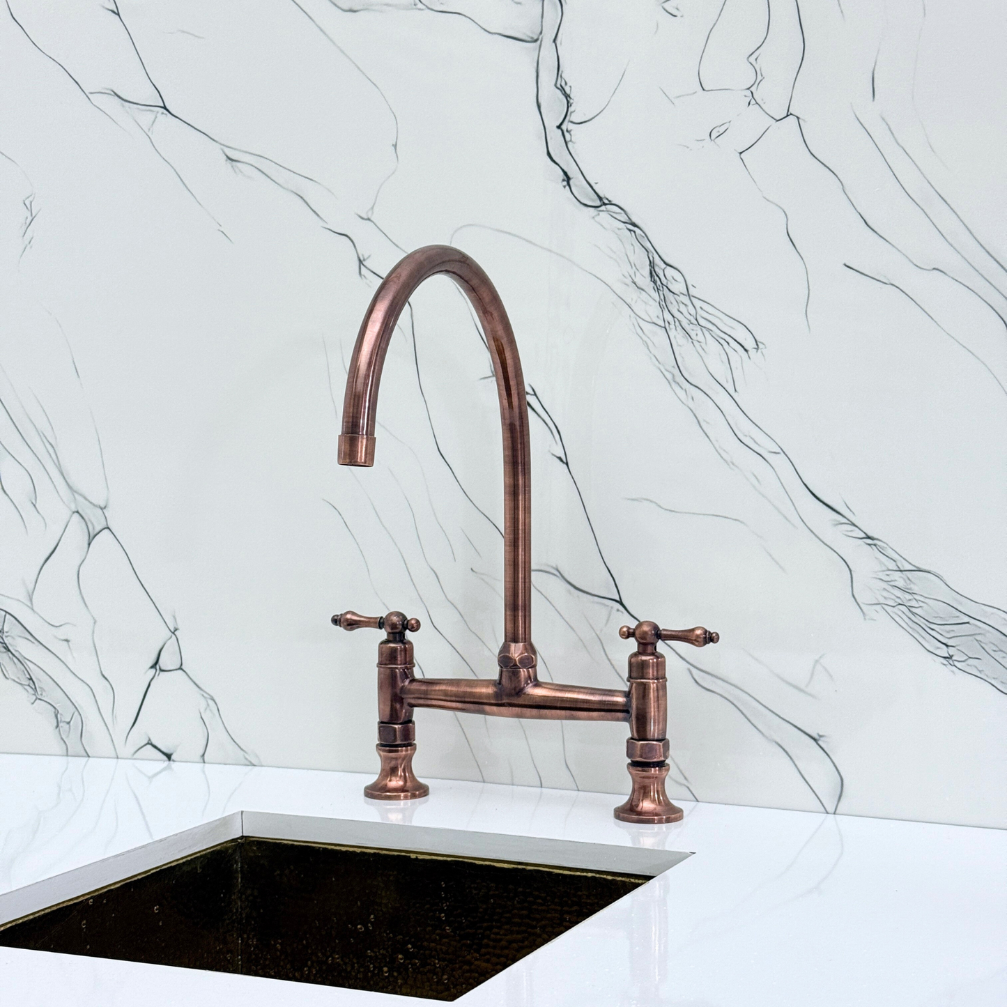 Antique Copper Bridge Kitchen Faucet with Sprayer, Drinking Water Tap and Lever Handles