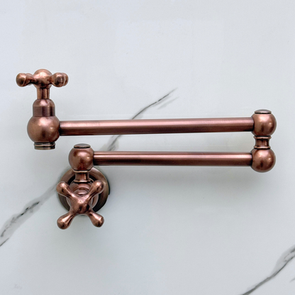 Antique Copper Pot Filler with Cross Handles, Solid Copper Wall Mount Pasta Faucet