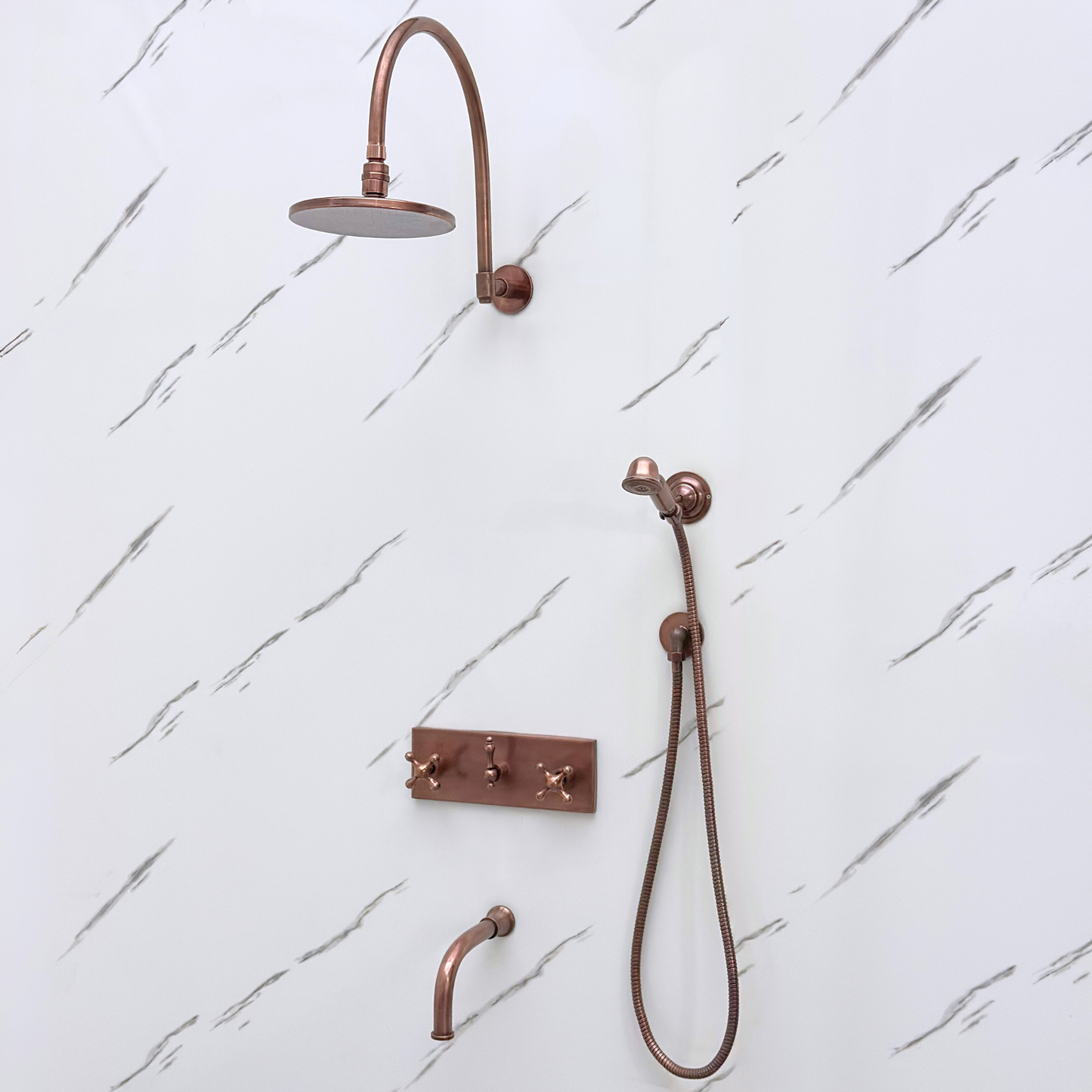 Antique Copper Shower System with Adjustable Flat Round Rain Shower Head, Handheld Shower Head, Central Copper Plaque, Tub Filler and Cross Handles