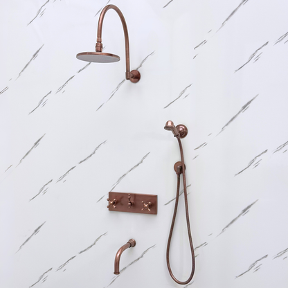 Antique Copper Shower System with Adjustable Flat Round Rain Shower Head, Handheld Shower Head, Central Copper Plaque, Tub Filler and Cross Handles