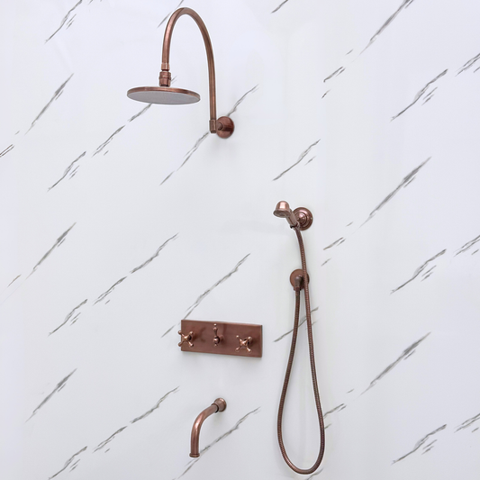 Antique Copper Shower System with Adjustable Flat Round Rain Shower Head, Handheld Shower Head, Central Copper Plaque, Tub Filler and Cross Handles
