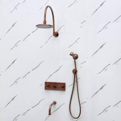 Antique Copper Shower System with Adjustable Flat Round Rain Shower Head, Handheld Shower Head, Central Copper Plaque, Tub Filler and Cross Handles