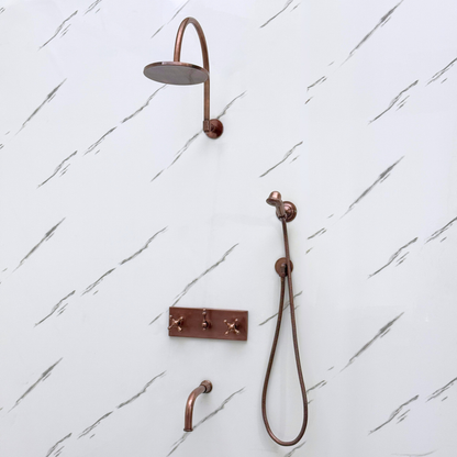 Antique Copper Shower System with Adjustable Flat Round Rain Shower Head, Handheld Shower Head, Central Copper Plaque, Tub Filler and Cross Handles